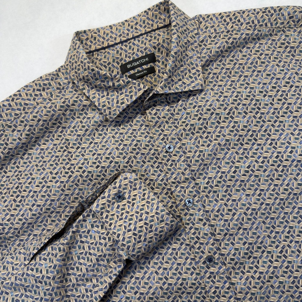 Bugatchi Mens XL Classic Fit Geometric Cotton Long Sleeve Button Down Shirt Blue - Picture 1 of 9